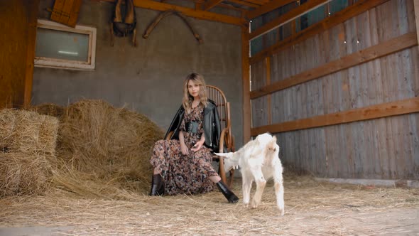 Stylish Woman and Goat in Barn