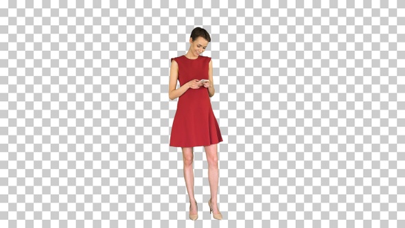 Young happy attractive female in red dress, Alpha Channel