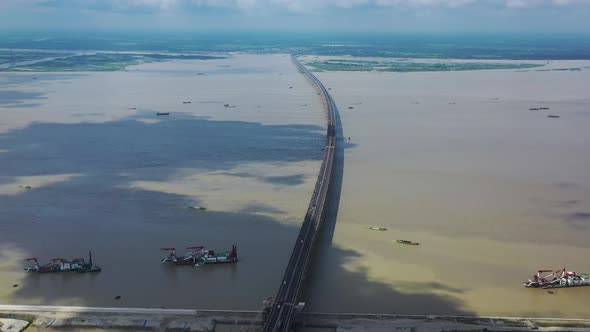 Aerial view of Padma bridge, over the Padma river by day, Dhaka, Bangladesh.