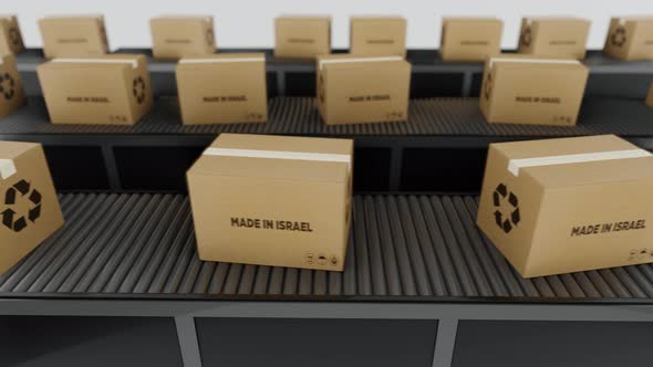 Boxes with MADE IN Israel Text on Conveyor