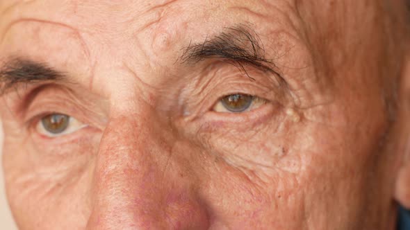 Close up portrait of serious Caucasian elderly man over 70 years old. Human face of an old man with