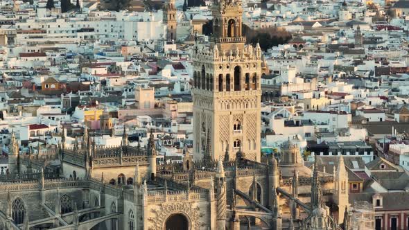Aerial Tele Shot of Gothic Cathedral in Seville Andalusia Spain
