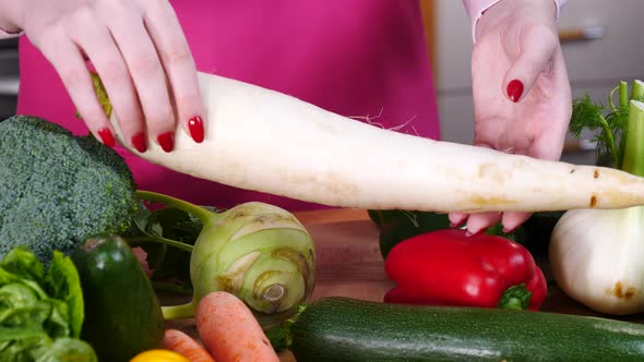 Hand Holds White Radish Root Vegetable