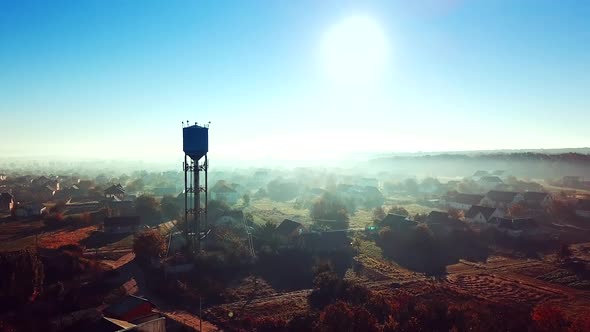 Birds-eye view of a beautiful morning landscape of a rural place.