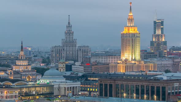 Evening Top View of Three Railway Stations Day To Night Timelapse at the Komsomolskaya Square in