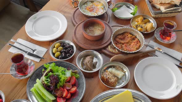 Traditional Rich Turkish Village Breakfast on the Wooden Table