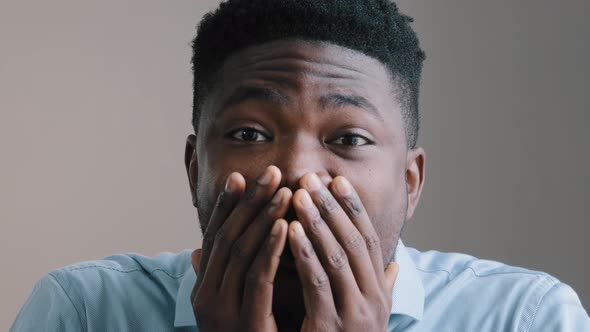 Shocked Happy African American Young Boyfriend Business Man Surprised Look at Camera Rejoice Good