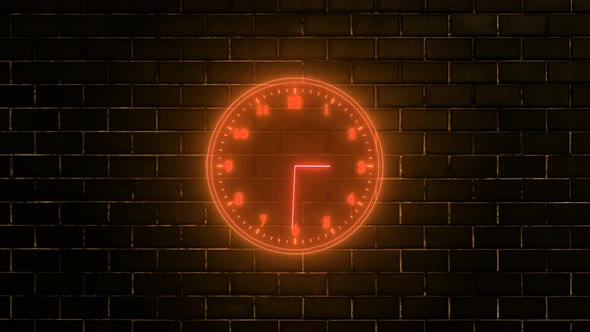 Brown Neon Light Analog Clock Isolated Animated On Wall Background