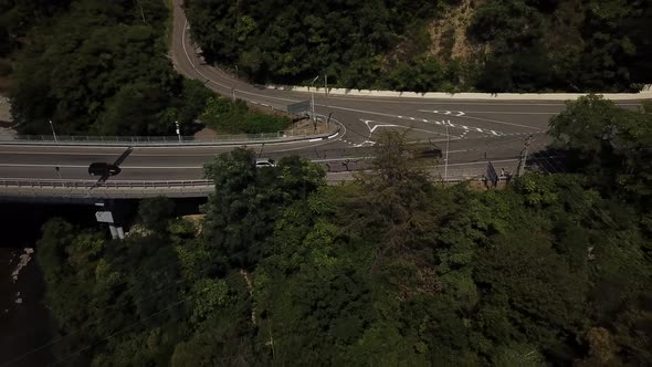 Aerial View of Traffic on Bridge, 2 Lane Road with Cars