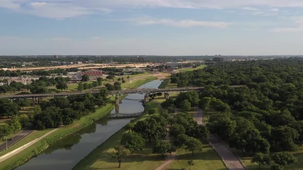 Drone footage of downtown Fort Worth Texas and Trinity River by 7th Street Bridge