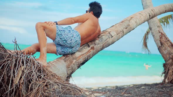 Beautiful Man Sitting On Palm On Vacation. Happy Guy Resting On Coast Hotel Luxury. Tanned Man.