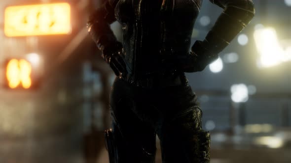 Futuristic Cyberpunk Style Young Woman with Neon Bokeh Lights alt