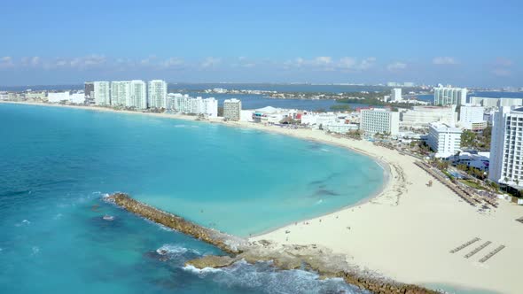 Aerial View of Cancun Mexico Showing Luxury Resorts and Blue Turquoise Beach