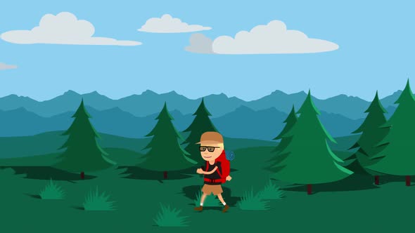 The tourist with the backpack is walking on a green grass in the forest.