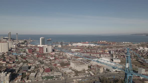 Aerial view of Batumi coastline, Port, harbor and bay. Georgia 2021