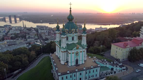 Kyiv, Ukraine. Flying Around St. Andrew's Church of Ecumenical Patriarchate, Orthodox Church During