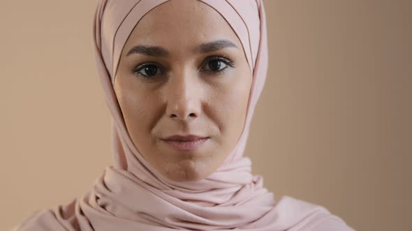 Closeup Face Young Woman in Hijab with Natural Make Up Muslim Girl Smiling Looking at Camera
