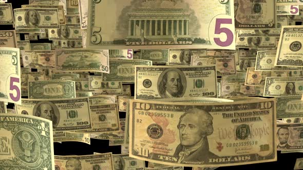 Background animation with falling US Dollar banknotes in slow motion