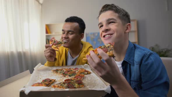 African-American and Caucasian Teenagers Enjoying Pizza and Watching Comedy Show