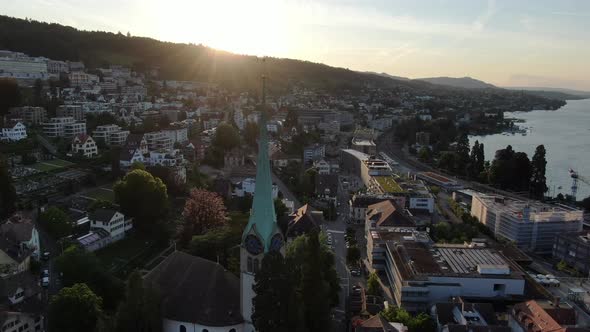 Sunset flight over Horgen town near Zurich in Switzerland