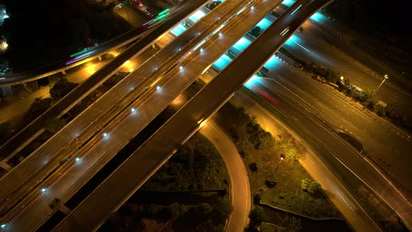 Stunning night Aerial view drone shot above interchange and motorway