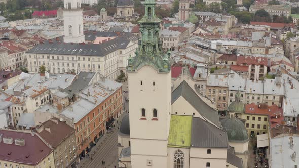 Aerial Drone Video of European City Lviv Ukraine Rynok Square Central Town Hall Latin Cathedral