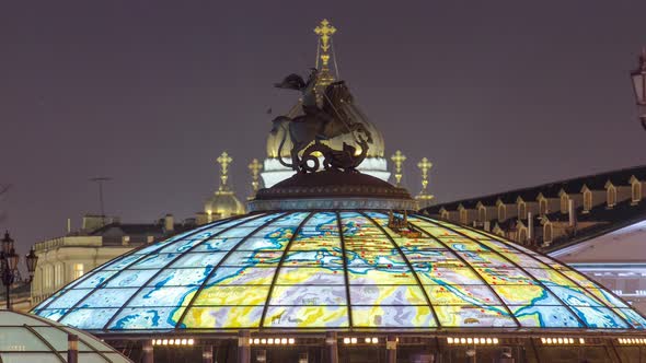 Glass Cupola Crowned By a Statue of Saint George, Patron of Moscow, at the Manege Square Timelapse