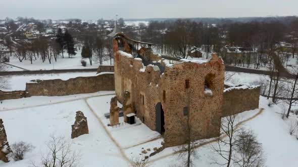 Ruins of Ancient Livonian Order's Stone Medieval Castle Latvia Aerial Drone Top Shot 