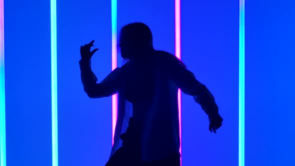 Silhouette of a Young Woman with Long Hair Who Dances Hip Hop in the Studio