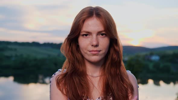 Portrait of Face Amazing Beautiful Red Haired Ginger Woman with Freckles