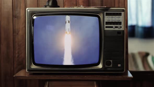 Apollo 11 Launch in 1969 as Seen on a Retro TV.