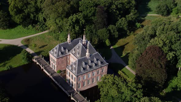 Orbiting aerial over historic castle Duivenvoorde the Netherlands