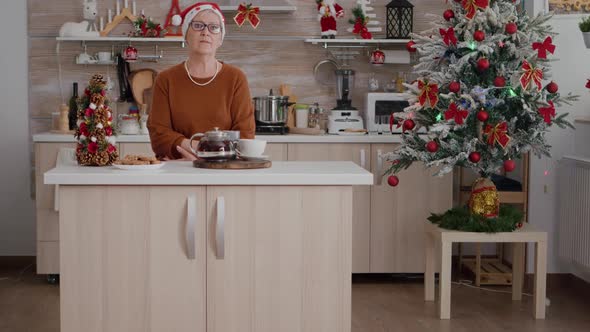 Portrait of Old Woman Wearing Xmas Hat Celebrating Christmas Season in Decorated Kitchen