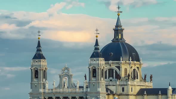 Madrid Spain Skyline Timelapse at Santa Maria La Real De La Almudena Cathedral and the Royal Palace