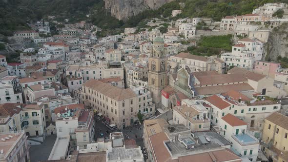 Amalfi Town, Italy. Aerial view of traditional italian city on Mediterranean sea coast, old building