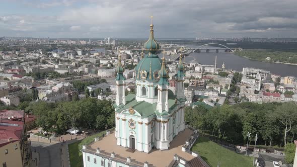 Kyiv. Ukraine. St. Andrew's Church. Aerial. Flat, Gray