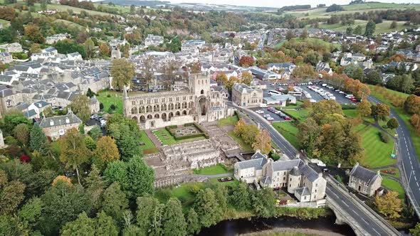 Aerial View If Jedburgh with the Ruins of Jedburgh Abbey in Scotland