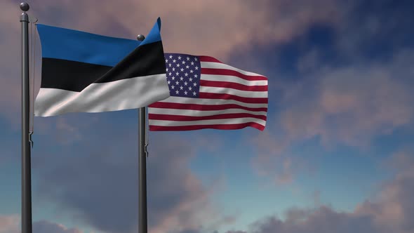 Estonia Flag Waving Along With The National Flag Of The USA - 4K