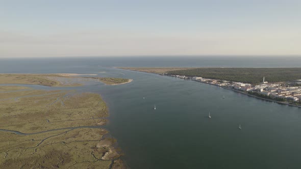 Estuary of the Guadiana River and riverside city of Vila Real de Santo Antonio, aerial view