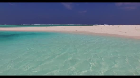 Aerial drone nature of tropical shore beach vacation by shallow water and white sandy background of 