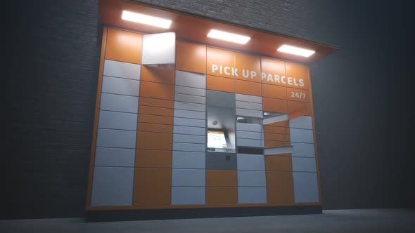 Loopable timelapse animation of the parcel locker. Doors open and close rapidly.