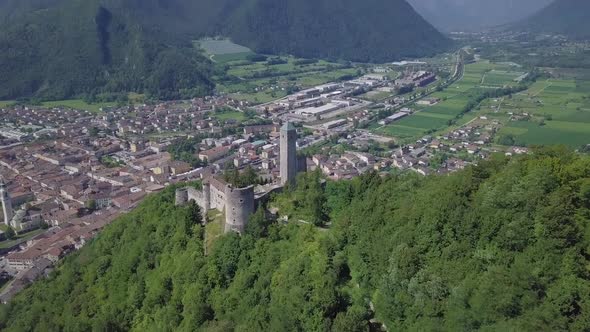 Aerial panoramic view of Borgo Valsugana in Trentino Italy with views of the city and mountains