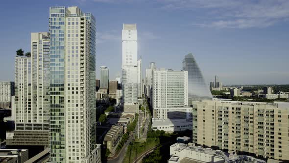 Aerial view of the west side of sunny apartments in downtown Austin, Texas, USA