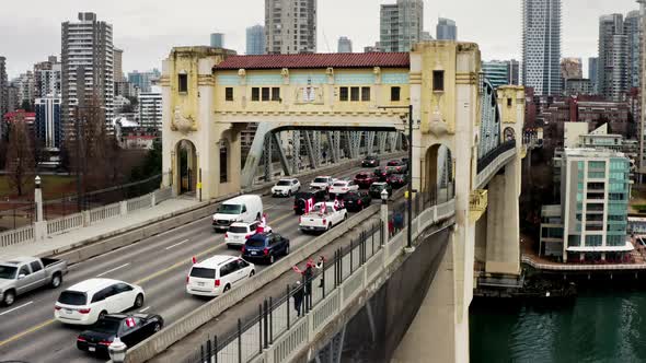 Vehicles At Burrard Street Bridge During The Anti-Vaccine Mandate Protest 2022 In Vancouver City, Ca