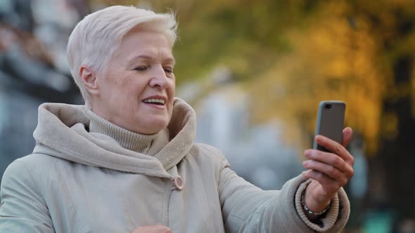 Positive Mature Grandmother Make Video Call Waving Hello Older Granny Enjoy Nice Virtual