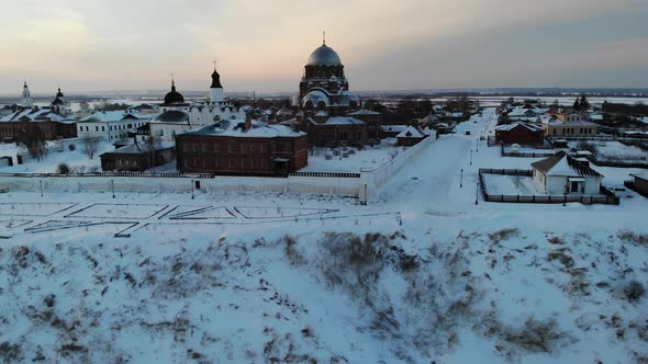 Sviyazhsk Island in Volga River at Winter Small City Village Cathedral Sunset