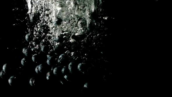 Blueberries dropped into water on black background, slow motion close up