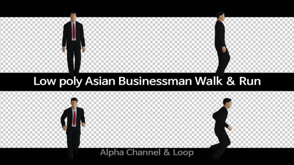 Low Poly Asian Businessman Walk & Run