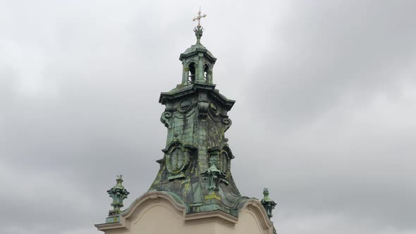 Aerial Drone View Footage of Latin Cathedral Church Dome in City Lviv Ukraine Cloudy Sky Background