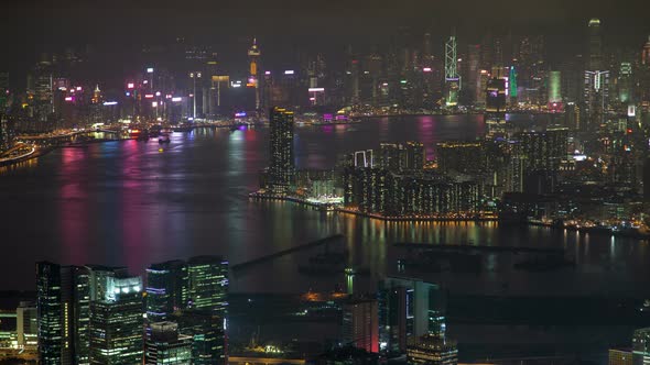 Cityscape Wide Harbor with Motorboats Surrounds Hong Kong